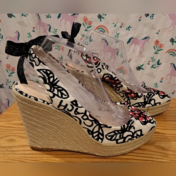 EUC Y2K Coach Poppy Maritza Beige Floral Jute Neutral Boho Heel Wedge Shoe SZ 9B